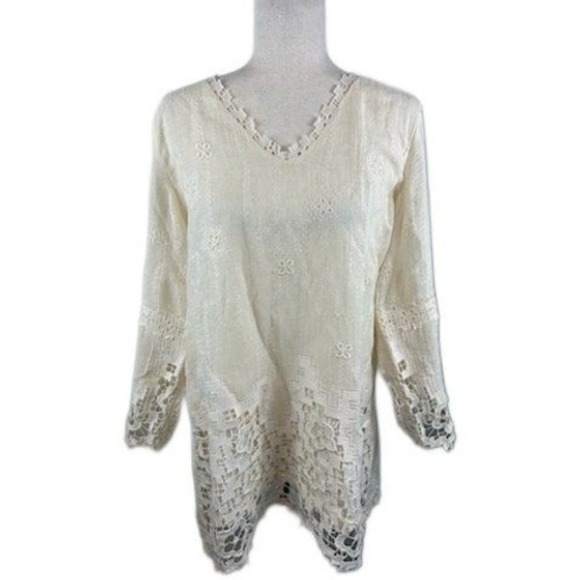 Soft Surroundings Tunic Top Ivory Embroidered Lace Trim Long Sleeve Size Medium - Picture 1 of 6